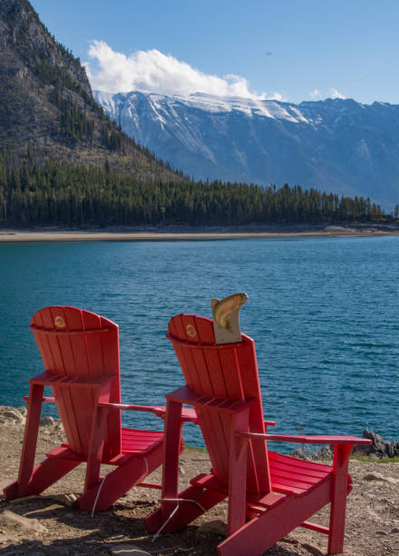 Two bright red chairs sitting next to a lake