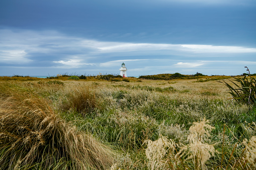 Panoramic image of Westerhever lighthouse during wintertime, North Frisia, Germany