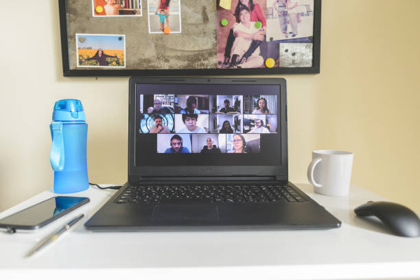 istock Laptop at home with a video conference call on the screen 1223276358