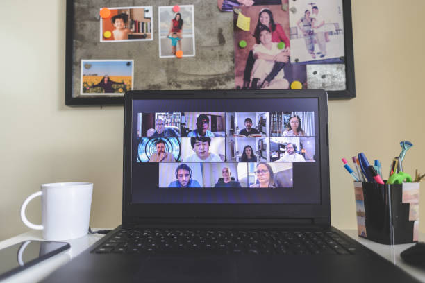 istock Laptop at home with a video conference call on the screen 1223276625
