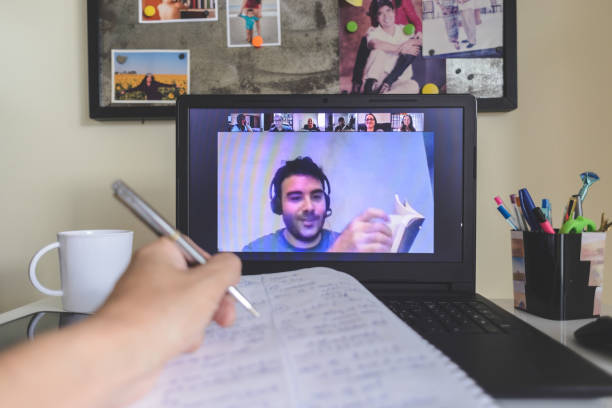 Attending to an online class in a video conference with teacher and students