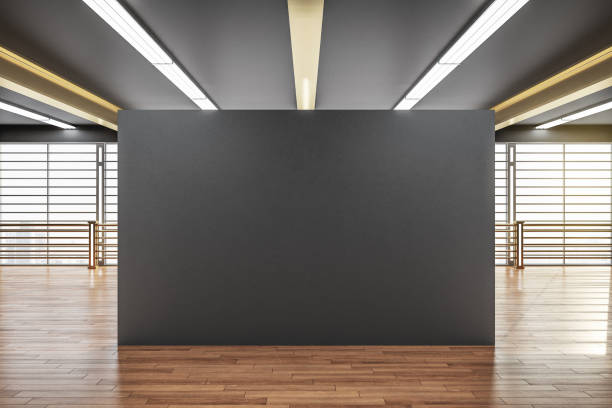 istock Minimalistic gallery interior with city view and blank gray wall. 1223276782