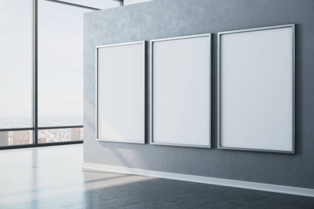 istock Minimalistic exhibition interior with city view and three empty banners. 1223277558