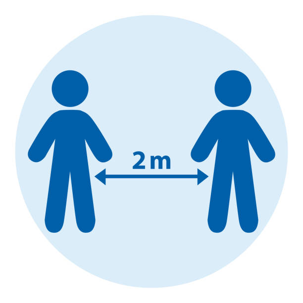 социальное дистанцирование между двумя людьми. иллюстрация значка синего круглого вектора. - contamination meter stock illustrations
