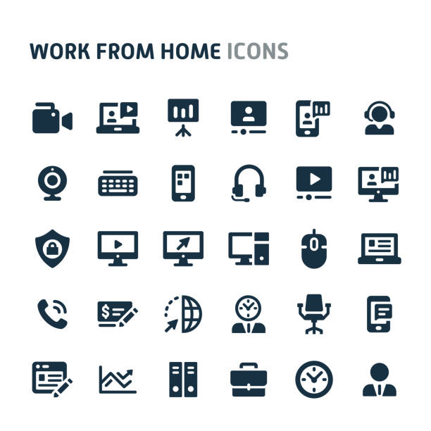 Work from Home Order Vector Icon Set. Fillio Black Icon Series. Simple bold vector icons related to related to work from home order. Various activity during work from home order are included in this set. still looks perfect in small size. Fillio black series. typing on computer keyboard stock illustrations
