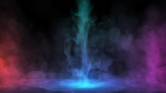 Liquid smoke falling down on surface on lights. Dry ice drop spreading on floor. Colorfull inked cloud swirl on black background. Abstract isolated smoke. physical 3D illustration