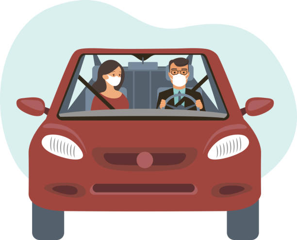 ilustrações de stock, clip art, desenhos animados e ícones de people inside the car wearing protective masks. travel restrictions on coronavirus covid-19 pandemic concept - car driving women driver