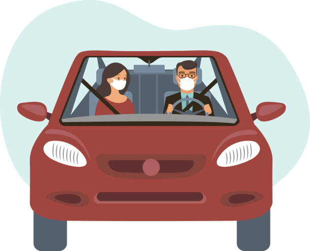 People inside the car wearing protective masks. Travel restrictions on coronavirus COVID-19 pandemic concept vector art illustration