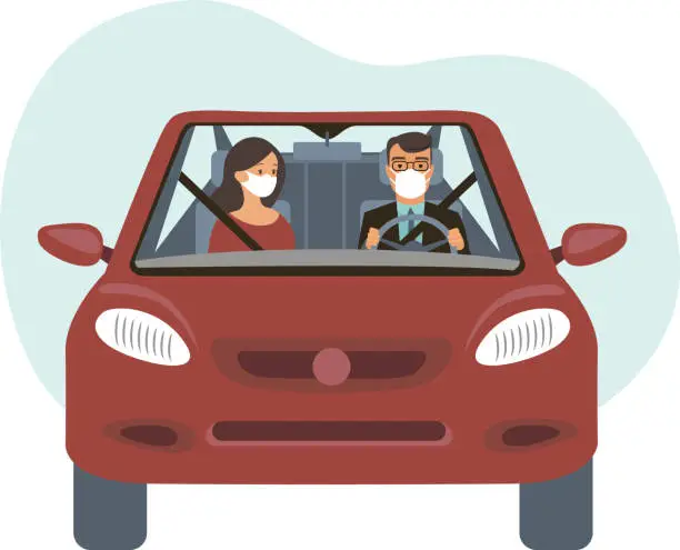Vector illustration of People inside the car wearing protective masks. Travel restrictions on coronavirus COVID-19 pandemic concept