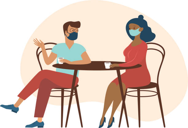 Cute Couple Wearing Protective Medical Masks sitting At Table Drinking Tea  Or Coffee And Talking New Cafe Visiting Regulations During Coronavirus  Covid19 Outbreak Stock Illustration - Download Image Now - iStock