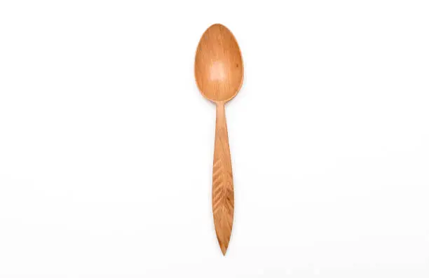 Houseware: wooden kitchen spoon, isolated on white background top view. Zero waste, eco friendly concept. Flat lay.