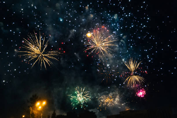 istock Festive colored fireworks on background a night sky 1223285283