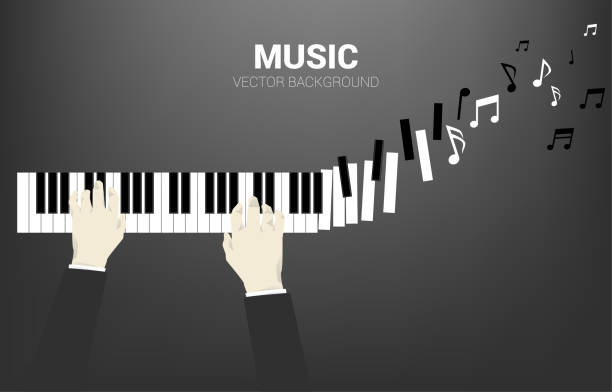 피아노 키와 피아니스트 손 음악 노트로 변환. - piano key piano musical instrument music stock illustrations