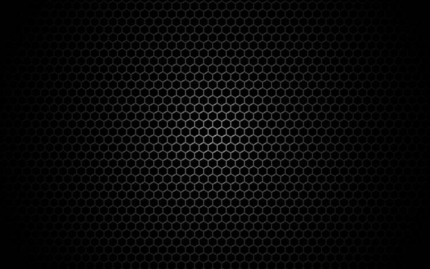 istock Hexagon metal mesh. Dark grid texture with shadow and light. Industrial backdrop with cells. Black perforated metal for poster, banner, web. Vector illustration 1223288789