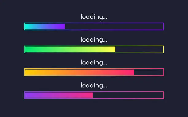 Vector illustration of Loading bar set. Web design elements on dark backdrop. Progress visualization collection. Color gradient lines. Loading status template. Vector illustration