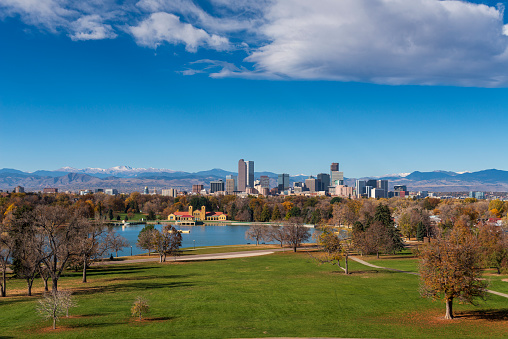 An elevated view of the city of Denver, Colorado skyline.