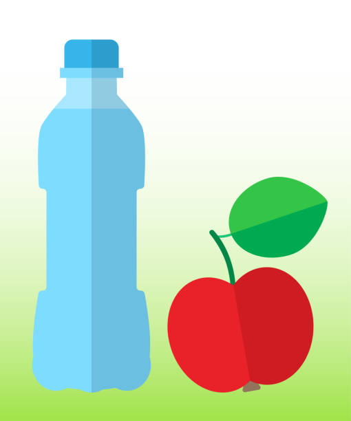 ilustraciones, imágenes clip art, dibujos animados e iconos de stock de el agua de manantial pura en una botella y una jugosa manzana roja son un símbolo de un estilo de vida saludable y una buena nutrición - human pregnancy flash