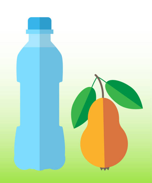 ilustraciones, imágenes clip art, dibujos animados e iconos de stock de el agua de manantial pura en una botella y la jugosa pera naranja madura son un símbolo de un estilo de vida saludable y una buena nutrición - human pregnancy flash