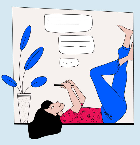 Teenager girl with phone in her hands Teenager girl with phone in her hands chatting with her friends at home. Vector illustration line style lying friends quotes stock illustrations