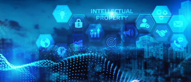 il concetto di business, tecnologia, internet e la rete. un giovane imprenditore che lavora su uno schermo virtuale del futuro e vede l'iscrizione: proprietà intellettuale - invenzione foto e immagini stock