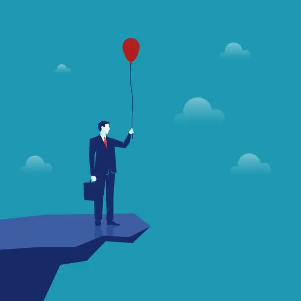 Vector illustration of Businessman on a cliff above an abyss holding a balloon