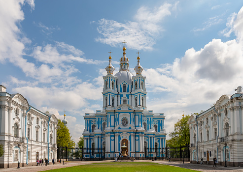 St. Petersburg, Russia - May 25, 2017: Blue-and-white Smolny Cathedral on the blue sky backround, St. Petersburg, Russia.