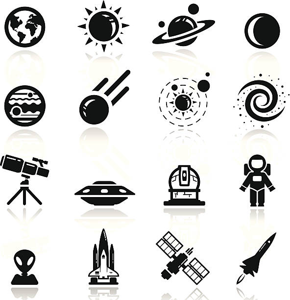 Icons set space simplified but well drawn Icons, smooth corners no hard edges unless it’s required,  rocketship silhouettes stock illustrations