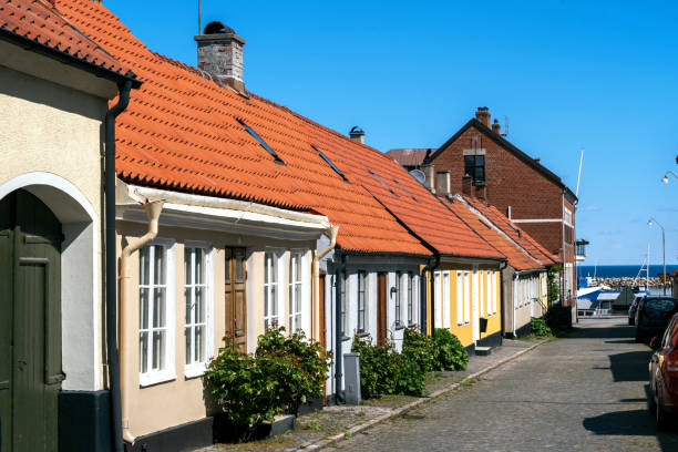 Empty streets of traditional old townhouses in Simrishamn, Southern Sweden. stock photo