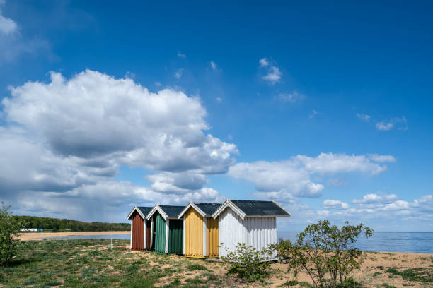istock Colourful beach huts in a row on the beach in Simrishamn, Skane, Sweden 1223308583