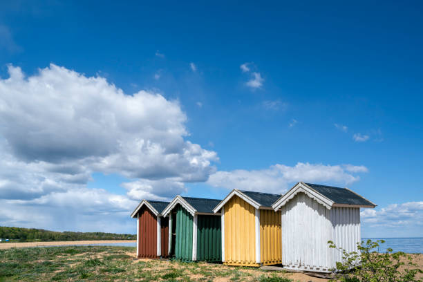 istock Colourful beach huts in a row on the beach in Simrishamn, Skane, Sweden 1223308584