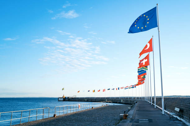 flagi europejskie macha na wietrze - european parliament government flag europe zdjęcia i obrazy z banku zdjęć