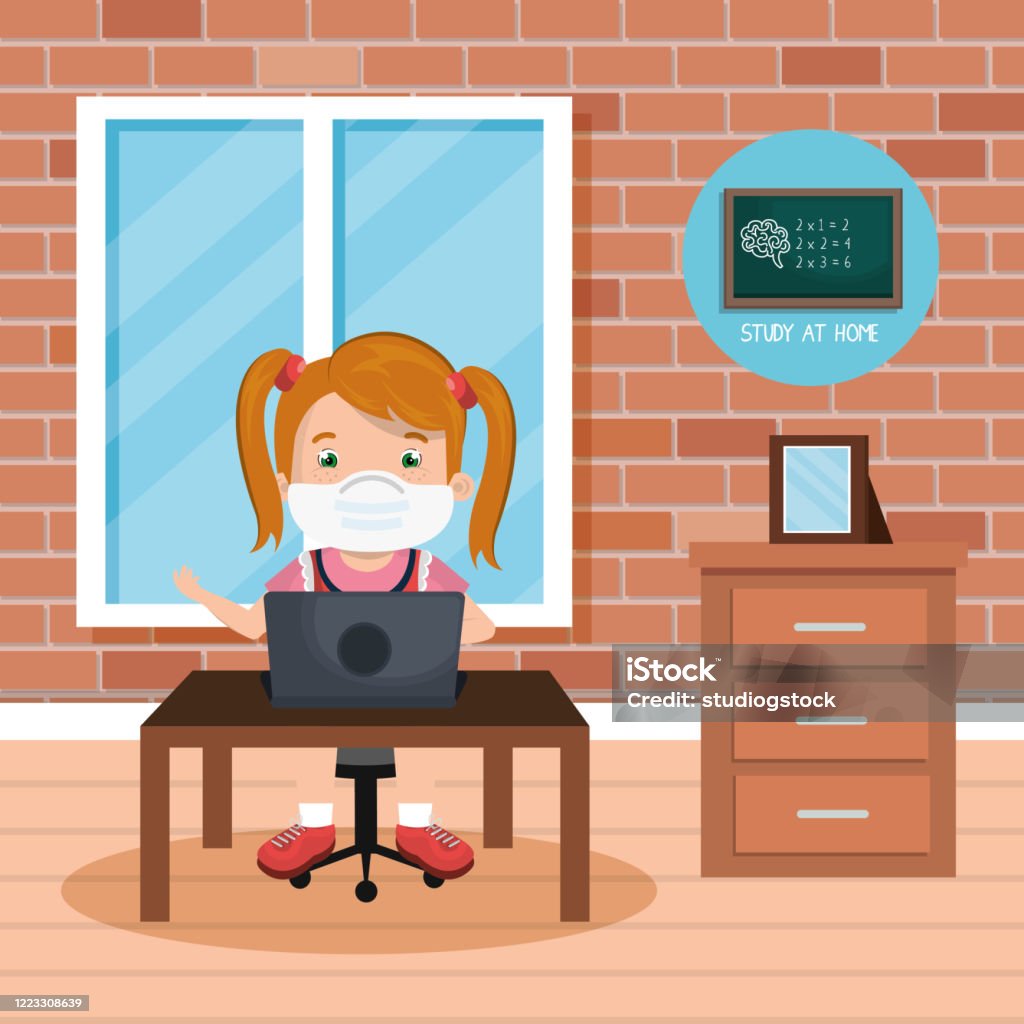 Stay At Home Campaign With Girl Studying Online Stock Illustration -  Download Image Now - Child, Protective Face Mask, Education - iStock