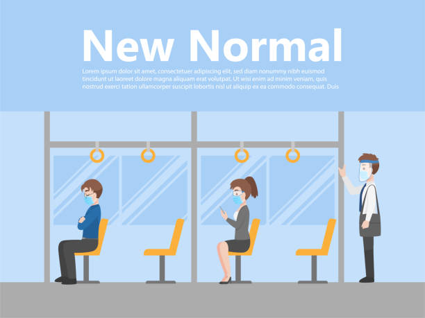 illustrazioni stock, clip art, cartoni animati e icone di tendenza di nuova vita normale persone in autobus business abiti casual - poi