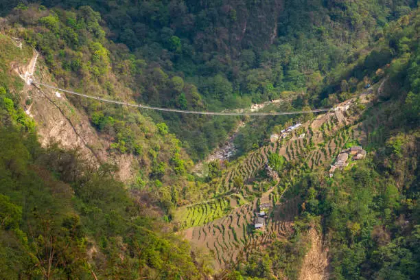 Photo of High angle view of the suspension bridge named 'New Bridge' (278 m long) located nearly Jhinu Danda village, one of the famous village on the way to Annapurna Sanctuary of Nepal.