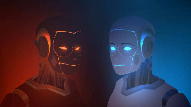 Two red and blue robots Bad and good robot with glowing eyes, the confrontation of two androids diabolic stock illustrations