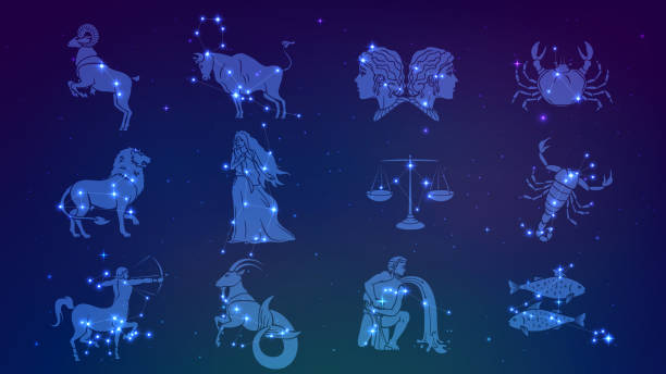 Set of zodiac constellation A set of zodiac constellation in starry sky, horoscope and astrology aries stock illustrations