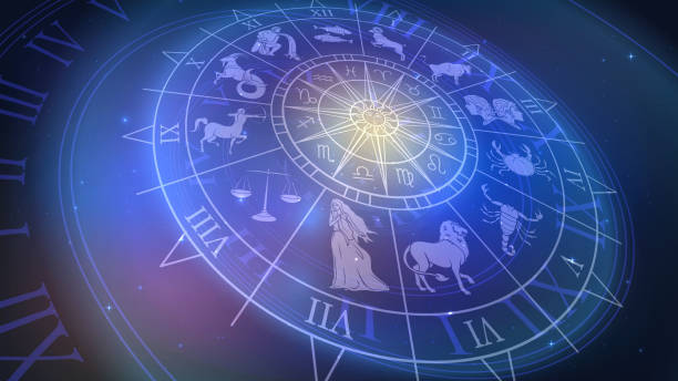 Zodiac signs in space Wheel chart with zodiac signs in space, astrology and horoscope astrology stock illustrations