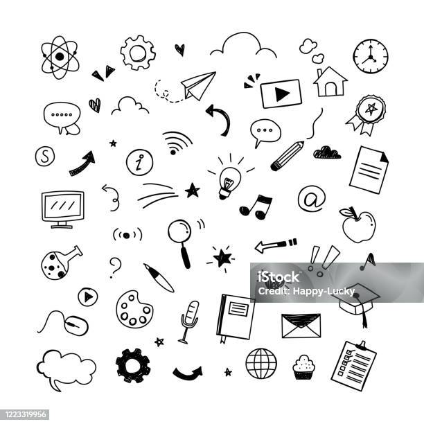 Education Elements Set Of Learning Handdrawn Design On White Background Icons Doodle Line For Your Graphic Cartoon Style Vector Illustration Stock Illustration - Download Image Now