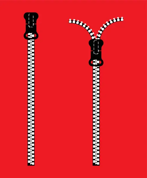 Vector illustration of zipper in closed and open position. Black-white vector on a red in a flat style