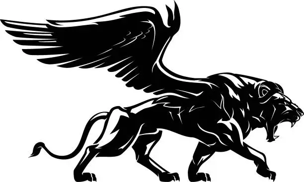 Vector illustration of Winged Lion Mythical Creature, Shadowed Illustration