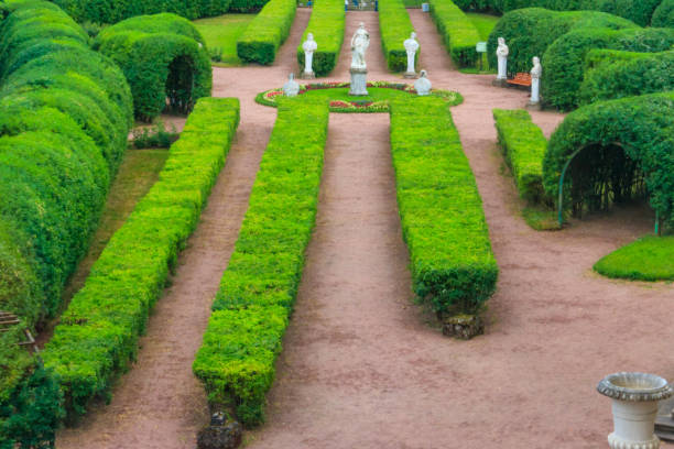 marble statue of the goddess flora surrounded by marble bacchantes and satyrs in private garden of gatchina palace, russia. view from above - statue architecture sculpture formal garden imagens e fotografias de stock