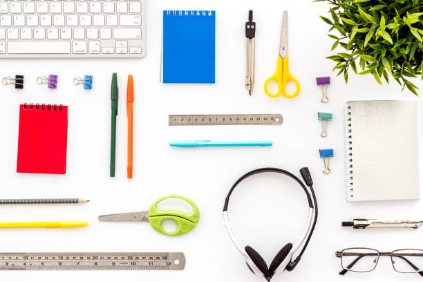 istock Education Online School Concept. Keyboard, stationery on white table from above flat lay pattern 1223329307