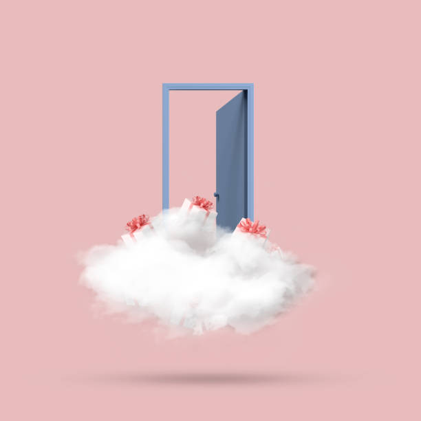 istock Minimal conceptual image of blue open door with white cloud and present boxes on pink background. 3D rendering 1223329308