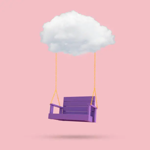 Photo of Minimal conceptual image of blue swing chair floating by the cloud on pink background. 3D rendering