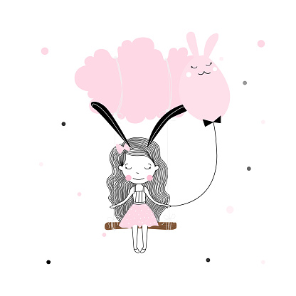 Easter themed kids characters cute little ribbon Holding a rabbit-shaped ball girl in pink with swinging on a cloud cartoon style. eggs hunt, Colourful Easter graphics. t-shirt print, poster vector design