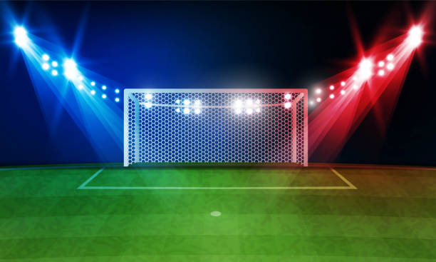 istock Football arena field with bright stadium lights vector design Vector illumination 1223330448