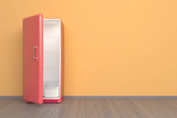 réfrigérateur rose glamour - réfrigérateur rétro dans une chambre vide - frigo ouvert photos et images de collection