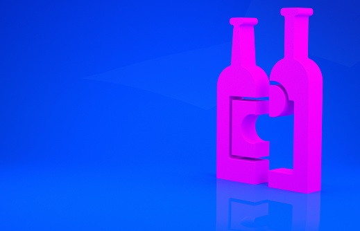 Pink Bottles of wine icon isolated on blue background. Minimalism concept. 3d illustration 3D render