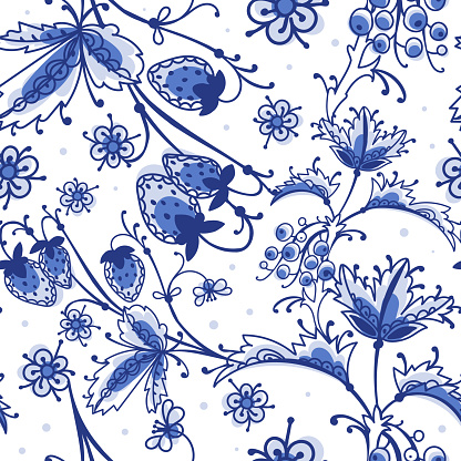 Russian folk motif art Gzhel seamless pattern. Floral botanical repeat background. Cute decorative flowers, plants and berries.