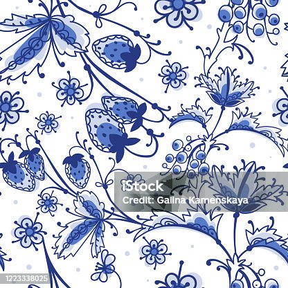 istock Floral botanical repeat background. Wildflowers in folk motif. 1223338025